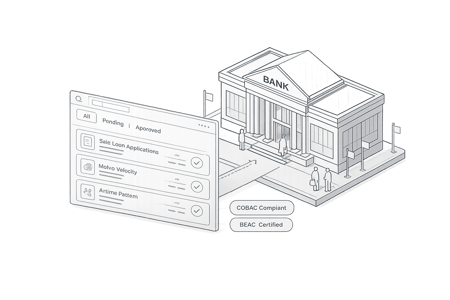 Isometric illustration of a modern African bank building with a digital dashboard showing approved SME loan applications