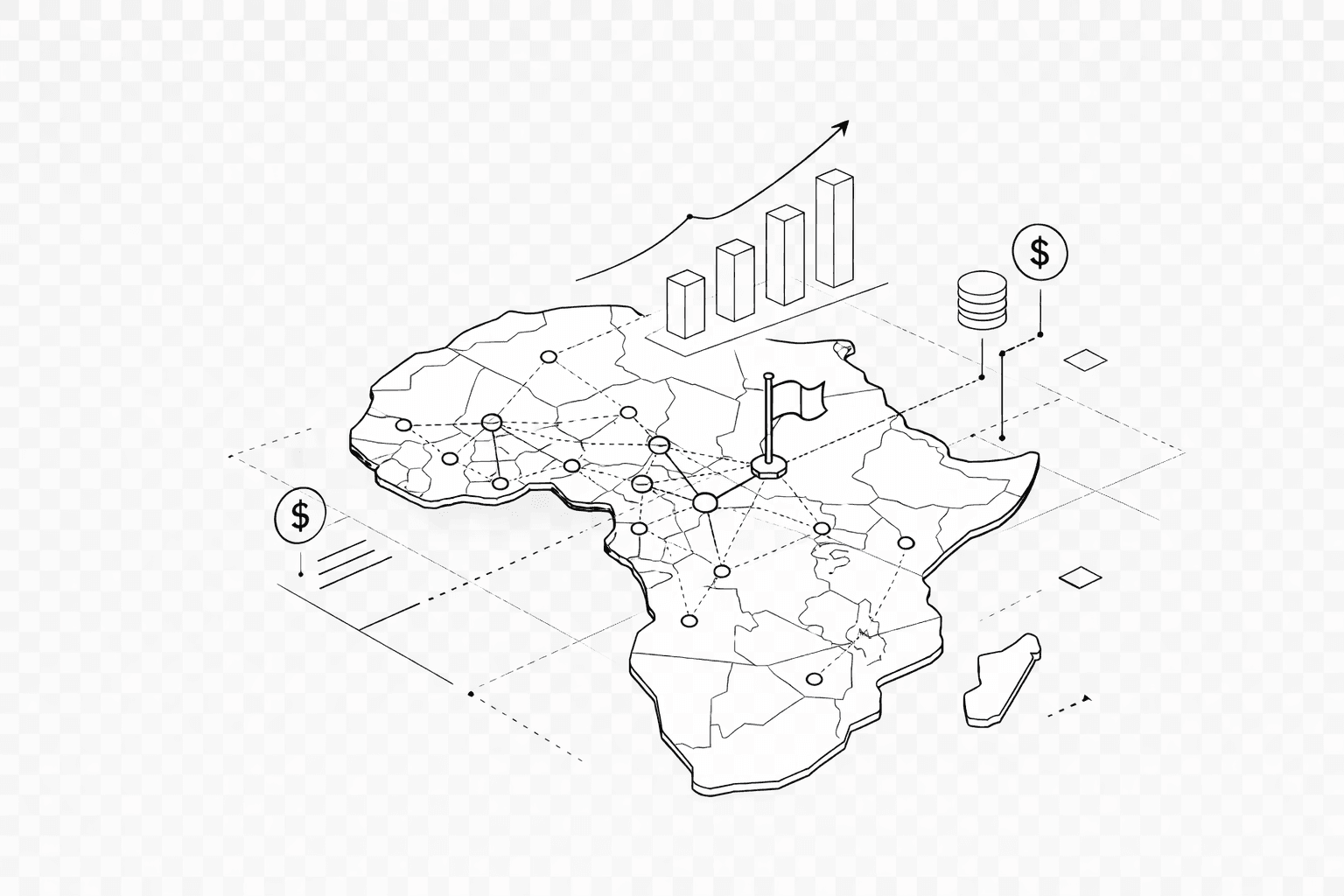 Isometric illustration of the African continent with data connection points and growth charts representing investment opportunity