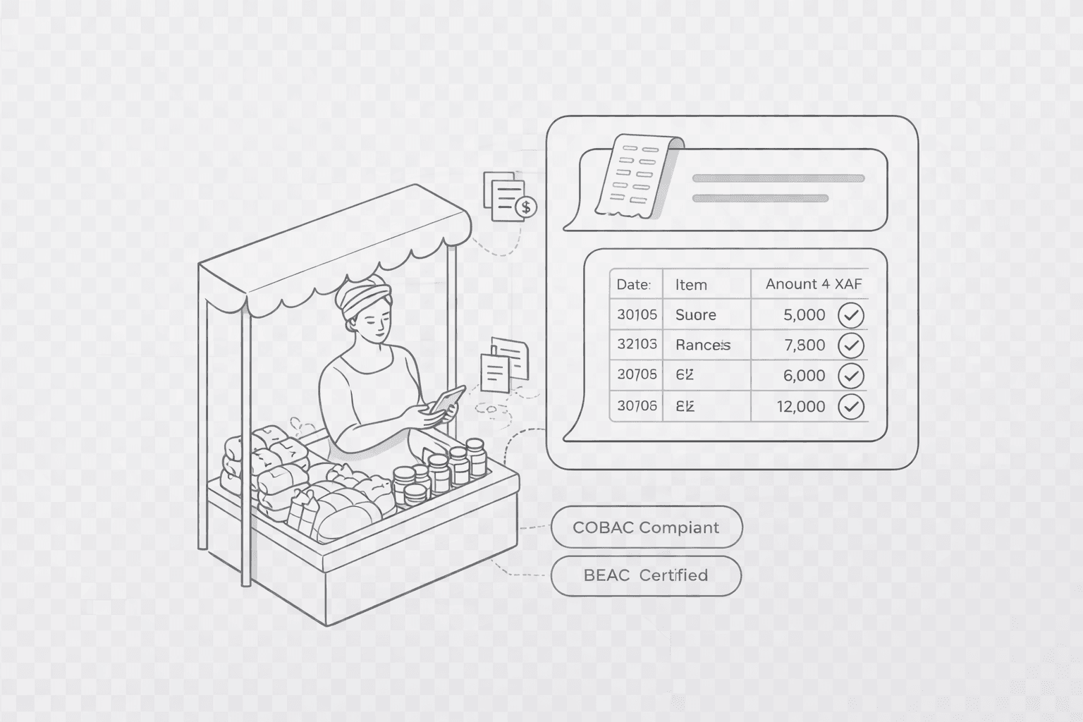 Isometric illustration of an African market vendor using a smartphone to send receipts via WhatsApp with structured financial data