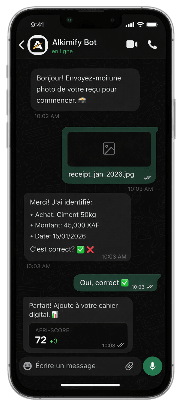 Alkimify Bot WhatsApp conversation — SME sends a receipt photo, AI parses the data, and the Afri-Score updates instantly